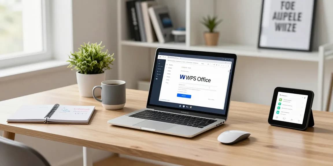 Download WPS Office shown on a laptop in a modern workspace with productivity items.
