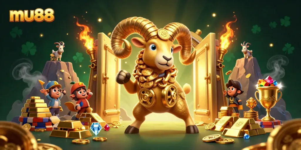Experience thrilling action with mu88's massive golden ram charging through a sparkling treasure vault.