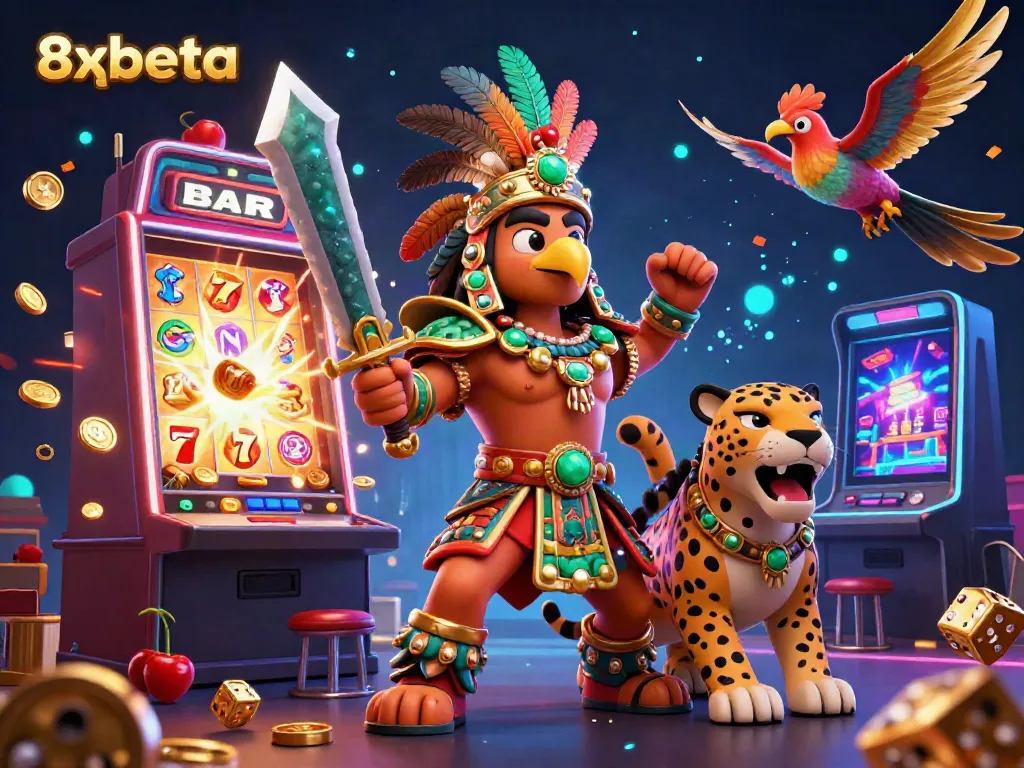 Experience thrilling gameplay at 8xbeta with our dynamic illustration featuring an Aztec warrior and jackpot symbols.