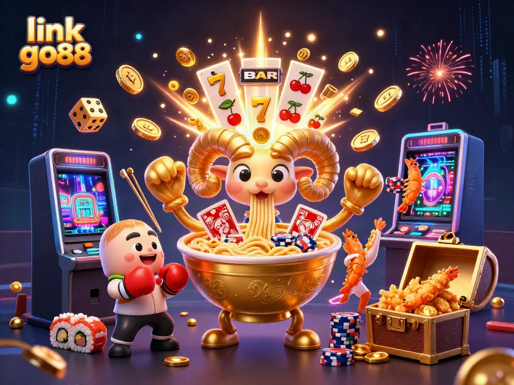 Engage with the thrilling atmosphere of link go88 at a dynamic casino scene featuring a golden ramen bowl and colorful game elements.