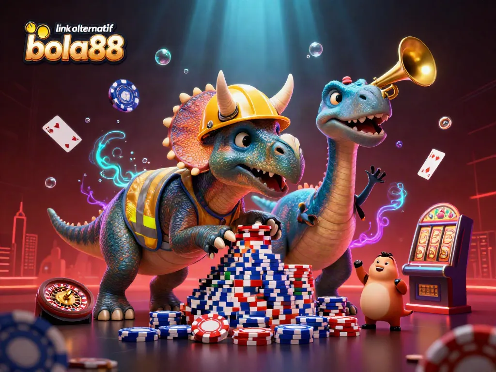 Bet on link alternatif bola88 alongside vibrant poker scenes and celebratory cartoon dinosaurs.