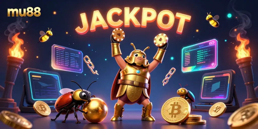 mu88 showcases 3D cartoon beetles celebrating a jackpot victory amidst vibrant casino elements.