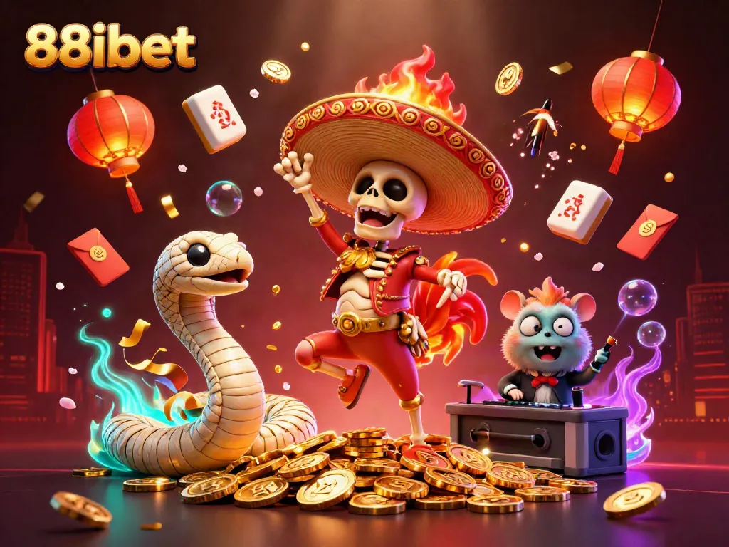 88ibet showcases a vibrant festival scene with a dancing skeleton mariachi rooster, a mummy snake, and a DJ hamster celebrating on golden coins.
