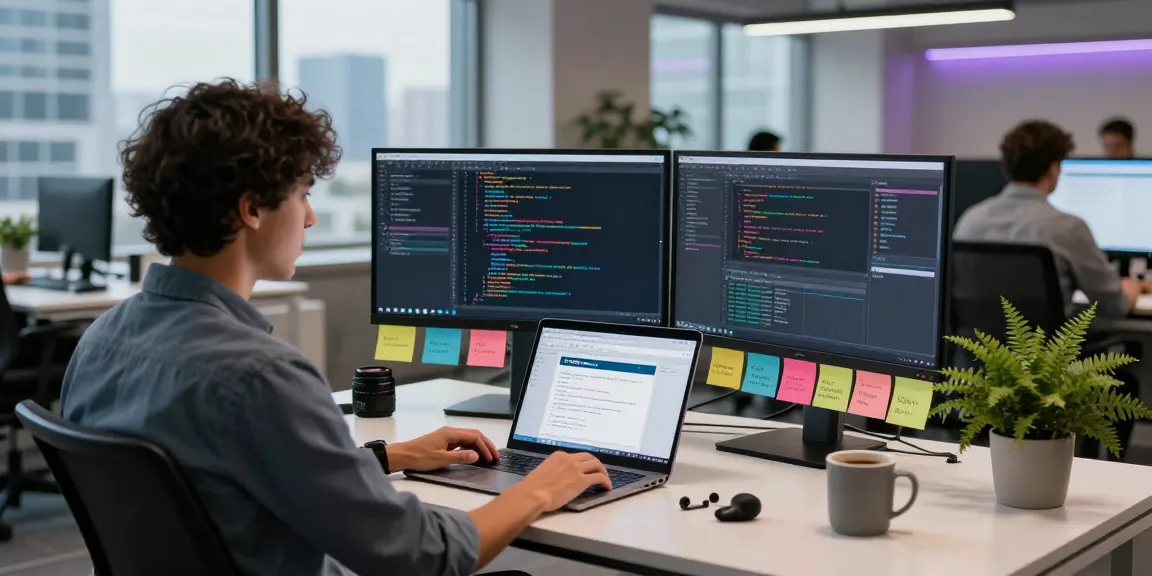 WPS Download in a tech workspace with a developer coding, dual monitors, and modern office setup.