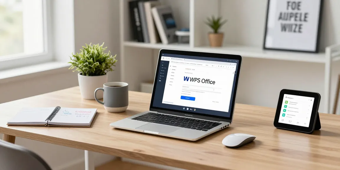 Download WPS Office shown on a laptop in a modern workspace with productivity items.
