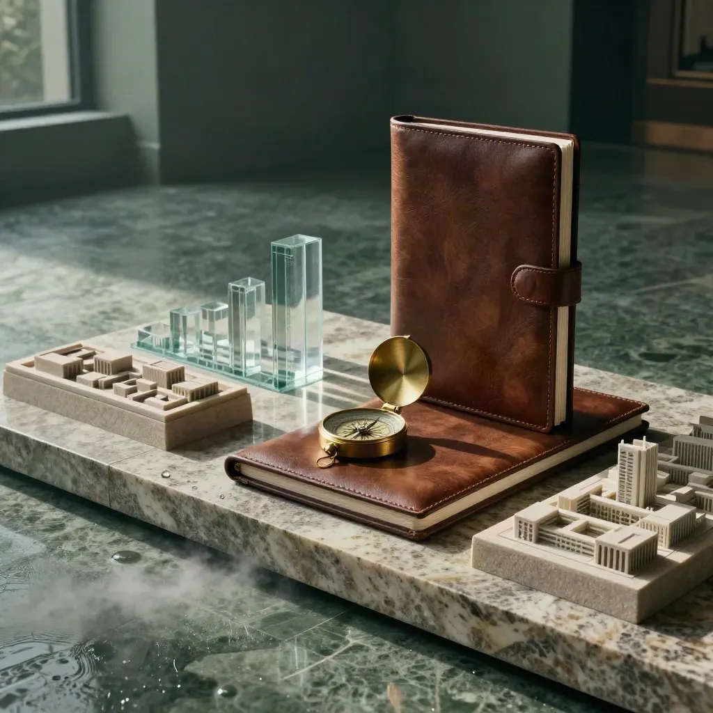 Mörk finanslobby med trämodell, läderfolio, glasvolymer och stenmaquette i kallt morgonljus.