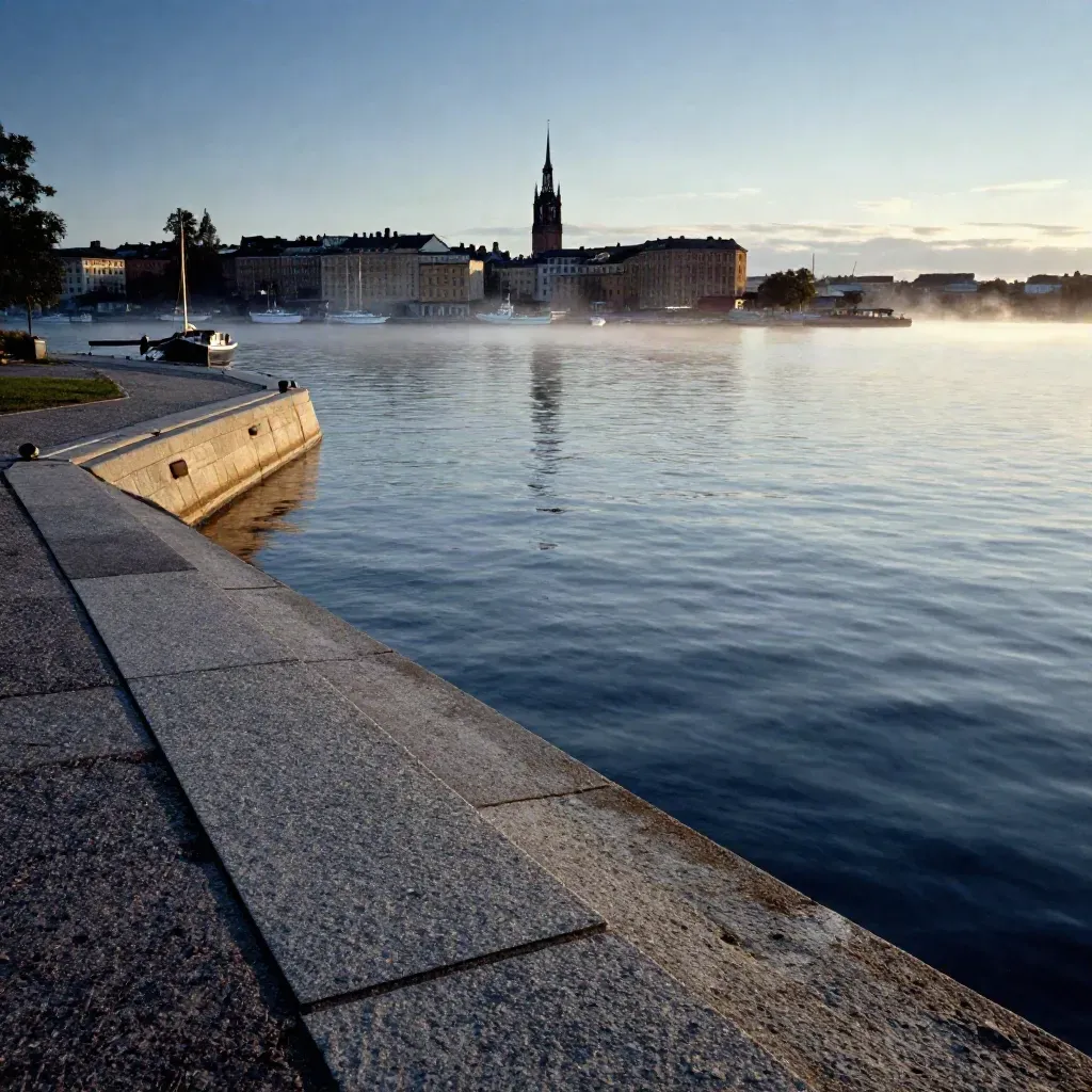 Stockholms waterfront i blå timme med granitkajer och dimmig, stilla vattenyta.