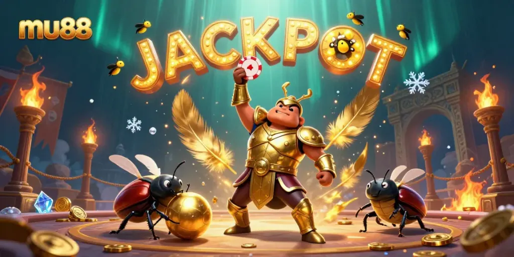 A 3D illustration of mu88's hercules beetle in gladiator armor lifting a poker chip triumphantly, surrounded by dynamic casino elements.