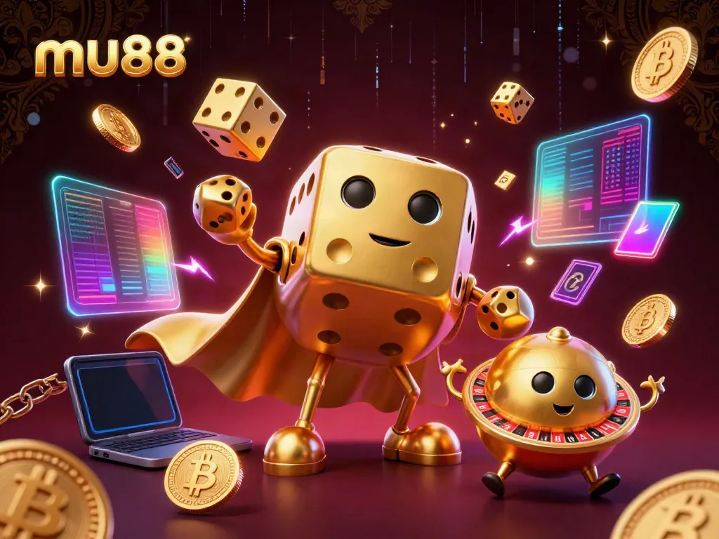 Engage with mu88's unique gambling experience featuring a 3D golden dice golem and crypto elements.