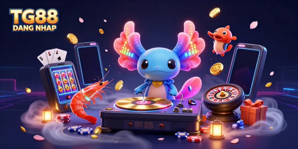 Engage with TG88 DANG NHAP in a vibrant underwater casino scene featuring a neon axolotl DJ and interactive game elements.