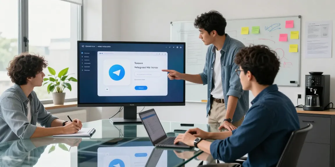 Team collaborating on Telegram Web Version project in modern office