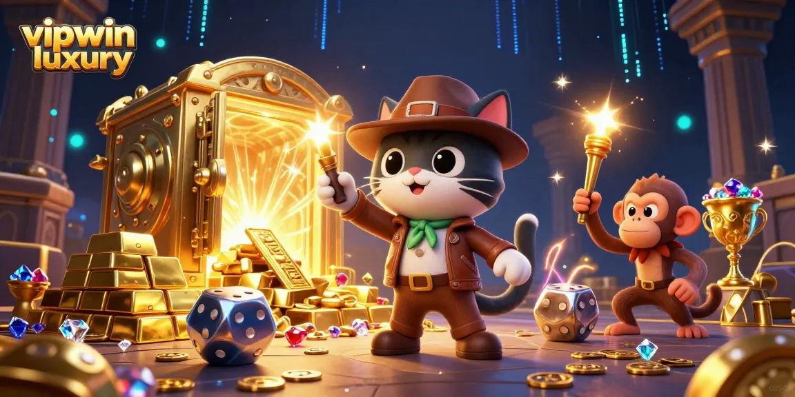Engage with vipwin luxury through this vibrant 3D casino scene featuring treasures and dynamic characters.