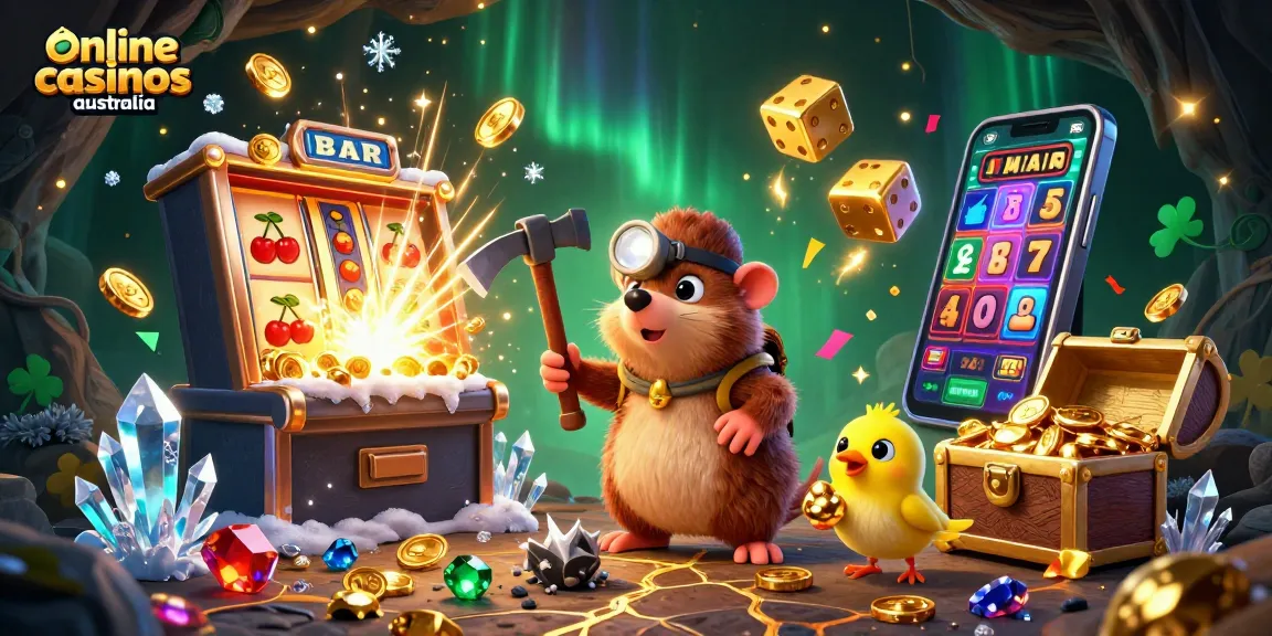 Explore the excitement of online casinos Australia with a vivid illustration of a treasure hunter and vibrant gaming elements.