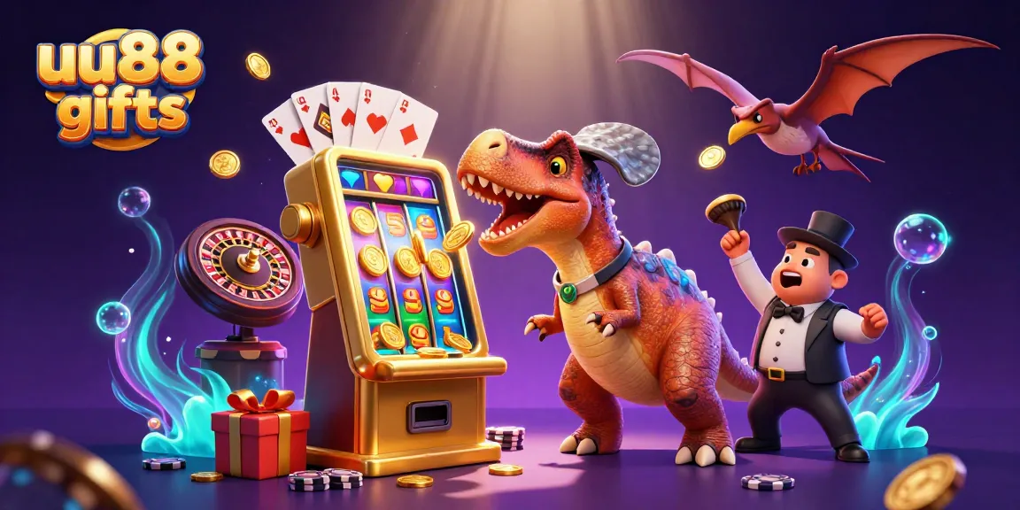 Experience jackpot excitement with uu88 gifts as 3D dinosaurs bring the casino alive in this vibrant illustration.